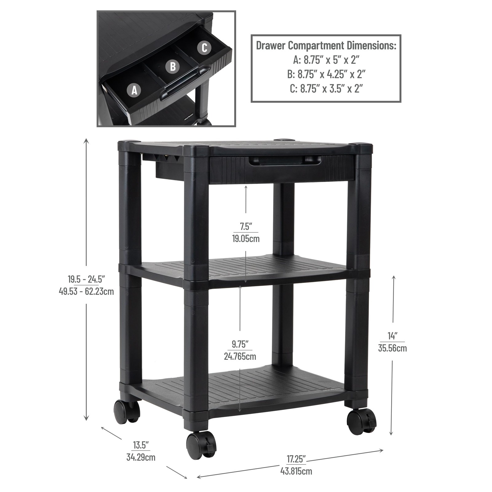 Mind Reader Compact Rolling Printer Cart, 17.25″L x 13.5″W x 24.5″H, Black