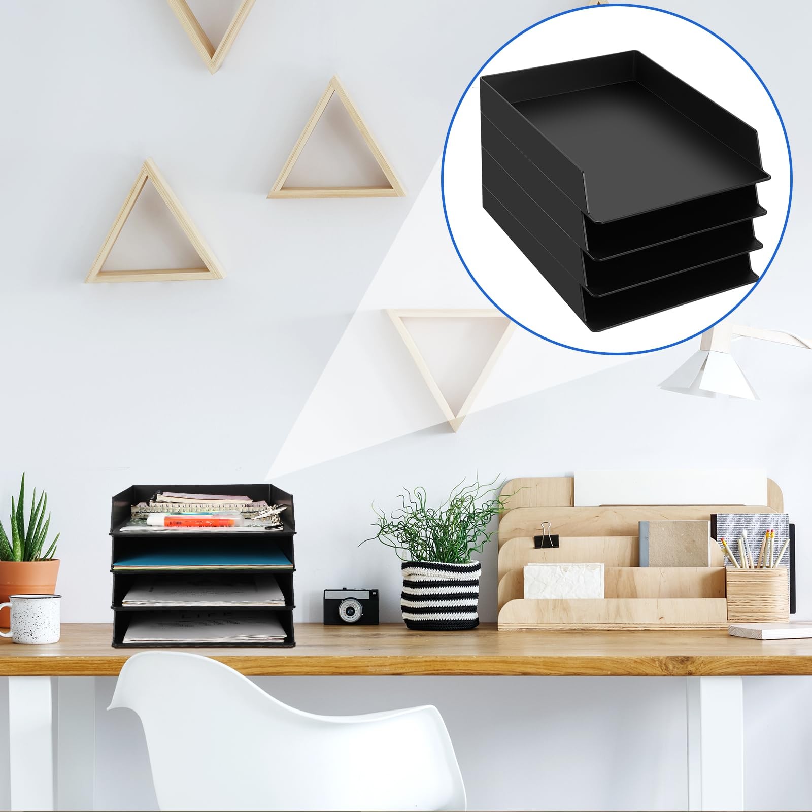 Stackable Paper Trays Rectangular Plastic Desktop File Organizer Black 4 PCS