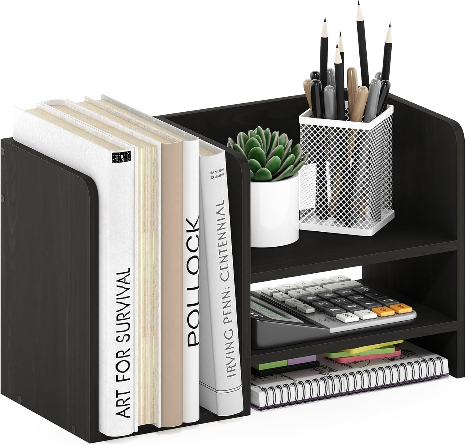 Hermite Wood Desktop Book and Home Office Supplies Storage Organizer, Espresso