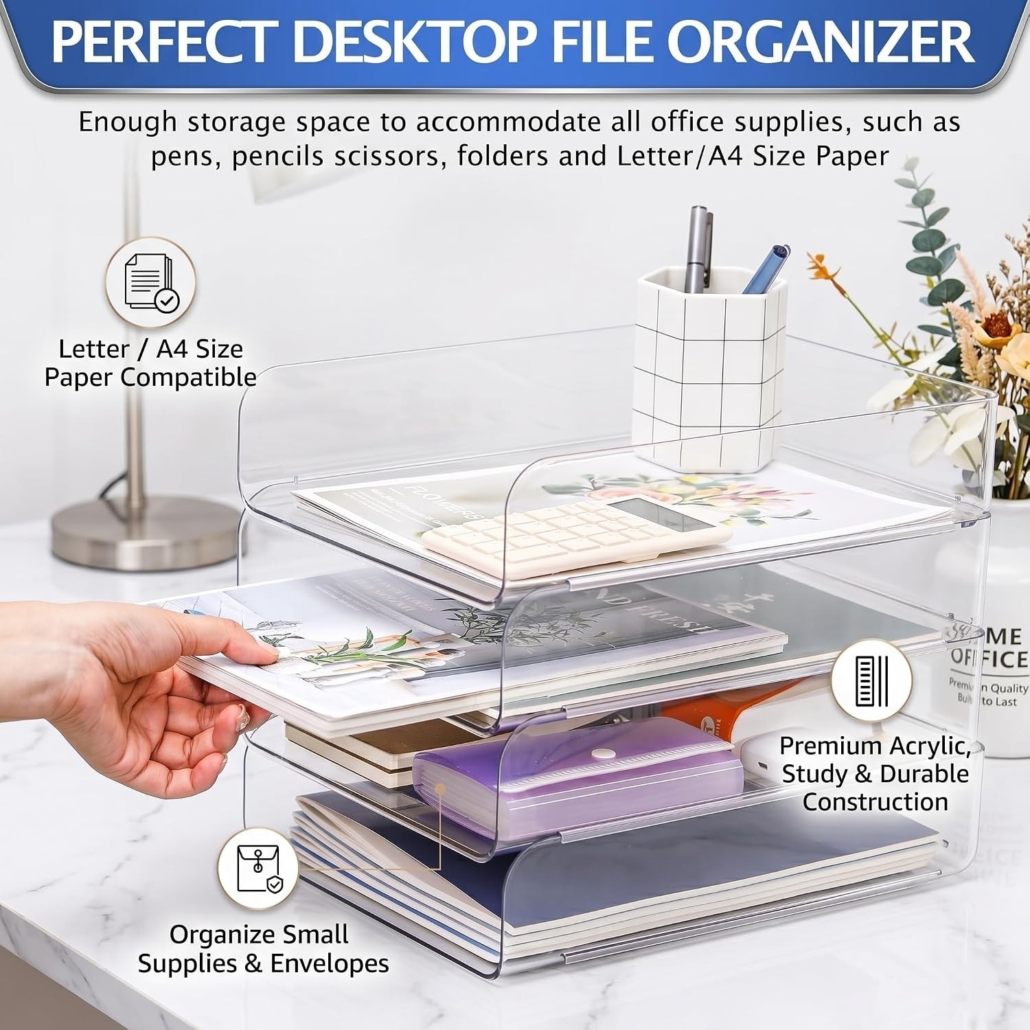 Letter Tray Organizer Acrylic Clear PET Stackable Desk File Holder for Documents