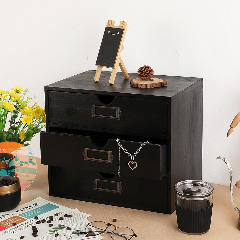 Rustic Wooden Storage Box with 3 Drawers – Stylish Desk Organizer for Home & Off