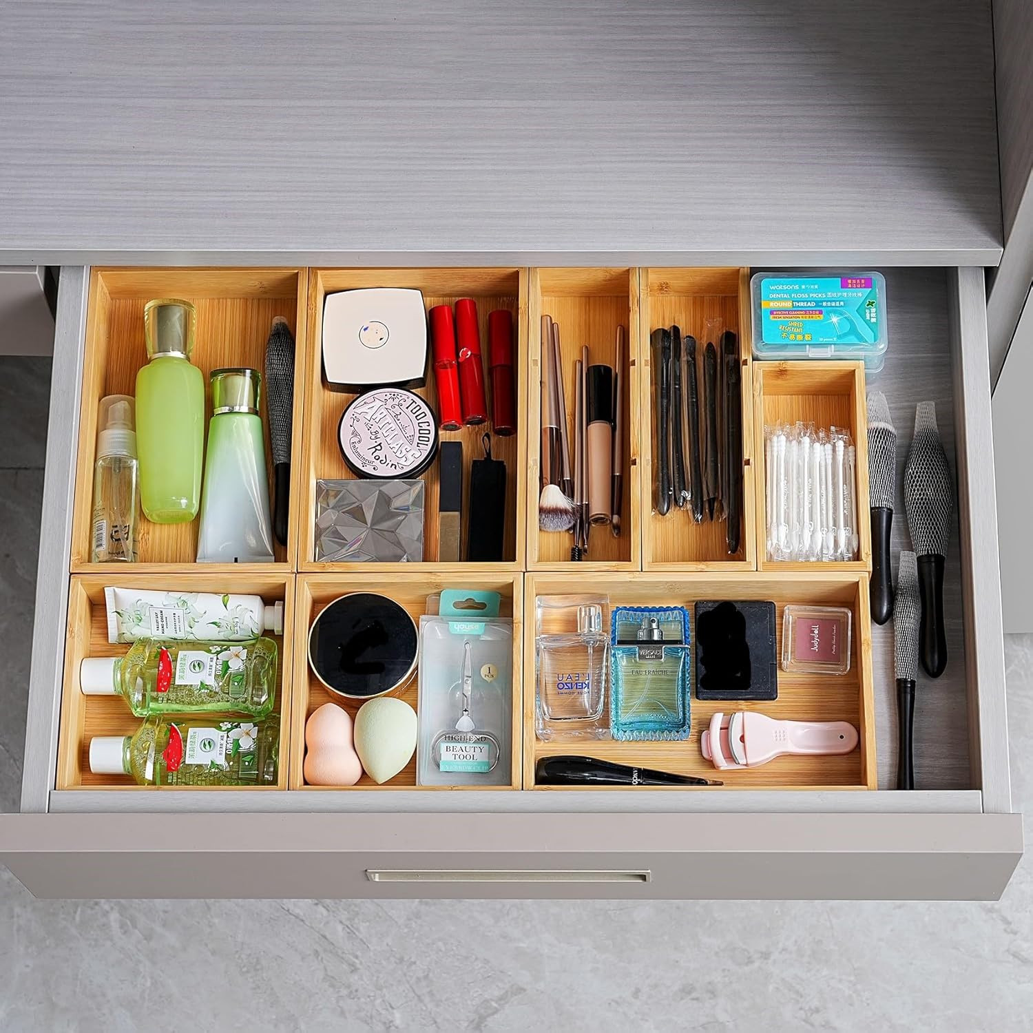 Bamboo Drawer Organizer Set of 9 Wood Storage Boxes for Kitchen Desk Bath