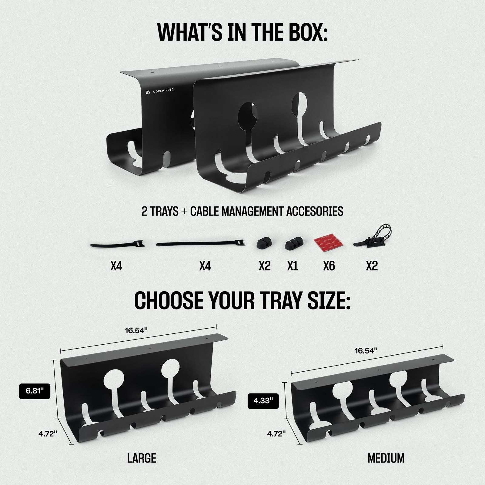 No-Drill Under Desk Cable Management Tray – 2-Pack Wire & Medium, Matte Black