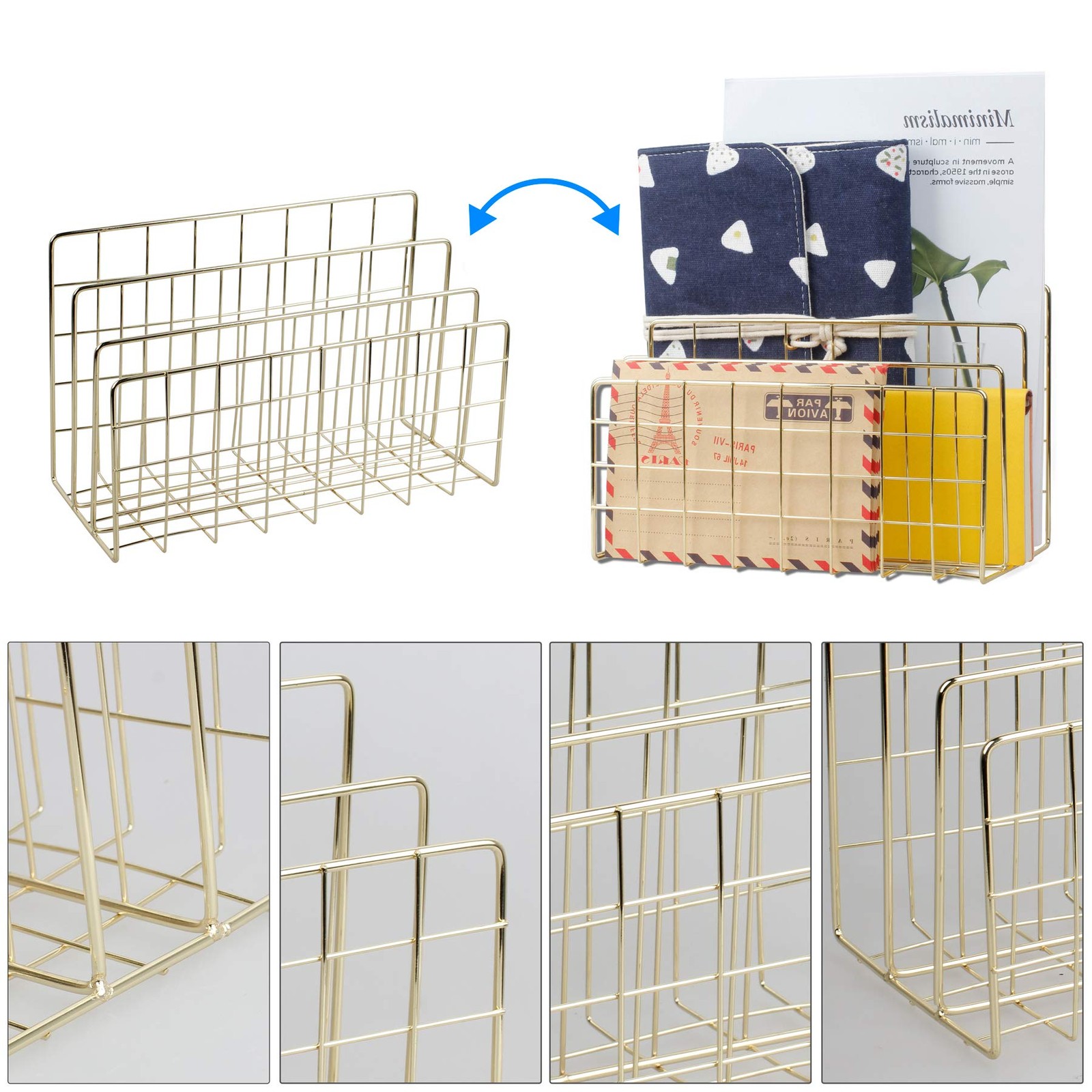 Desktop Mail Organizer Gold Metal Wire File Sorter Letter Magazine Rack 3 Slot
