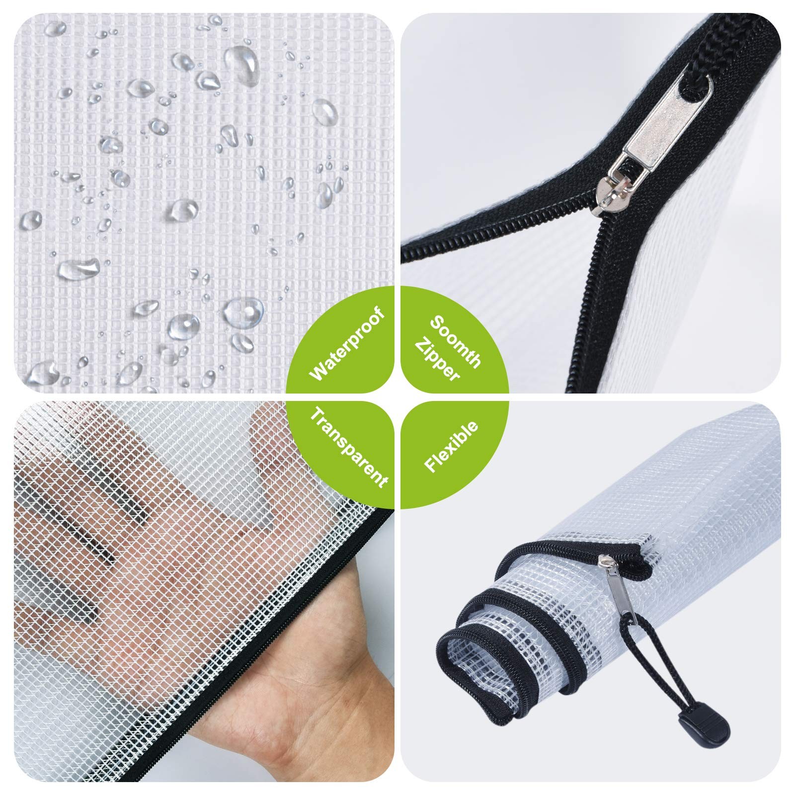 6 PCS A5 Mesh Zipper Pouch Waterproof Plastic Zip Document File Bags