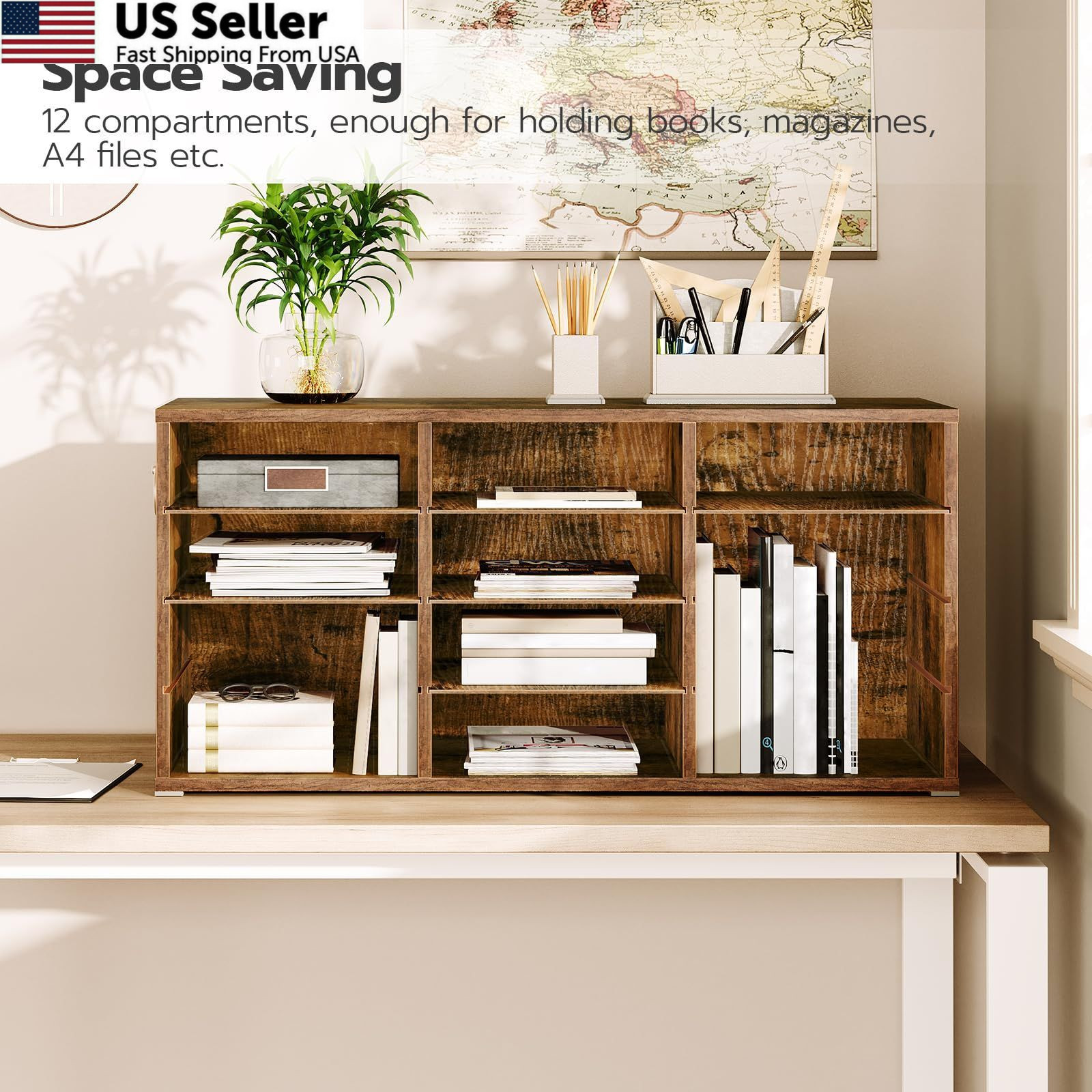 HOOBRO Countertop Mail Sorter 28.1″L x 11.8″W x 13.3″H, Rustic Brown