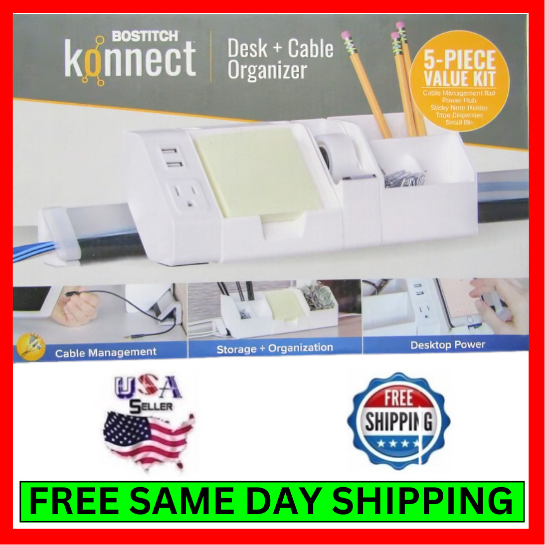 Desk Table Organizer Cable Management Power Hub Sticky Note Holder Tape Bin Kit