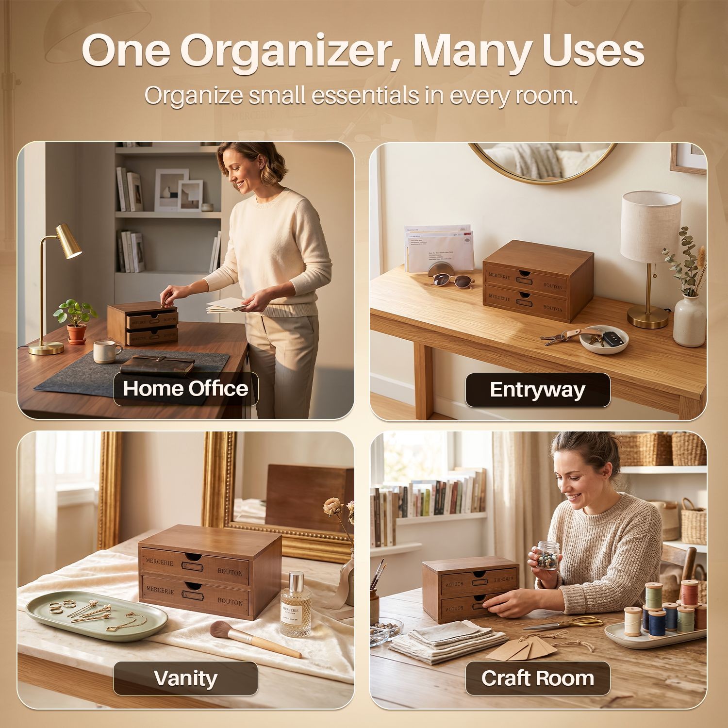 2-Tier Wooden Desktop Office Supplies Organizer Cabinet w/ 2 Storage Drawers Set