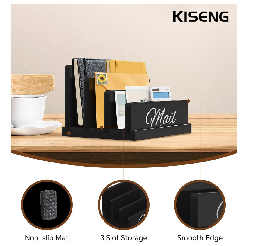 Wooden Desk Mail Organizer, 3-Slot Vertical Letter Sorter Office Desktop Holder