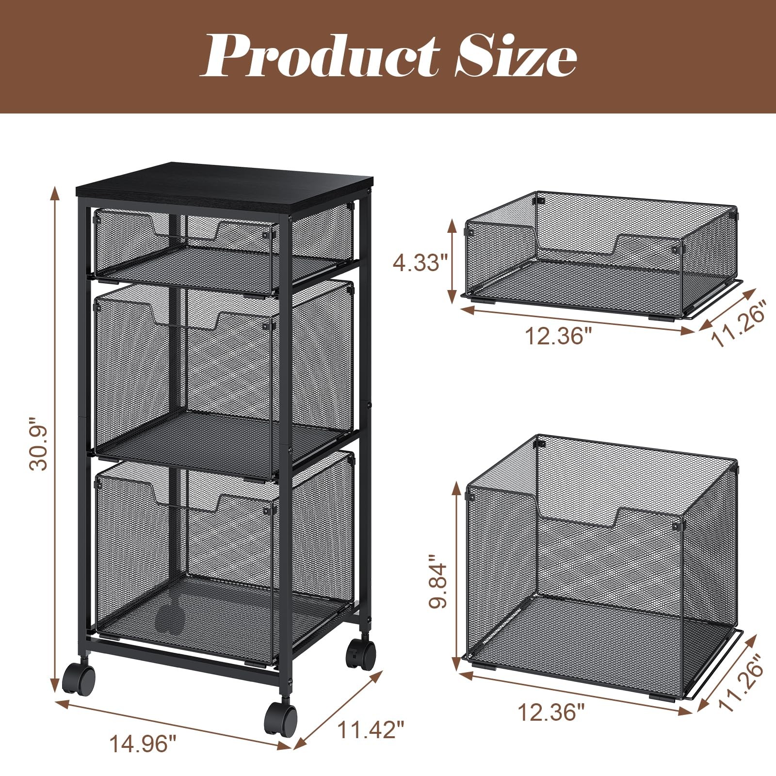 Sbanmao 3 Drawer Mobile File Cabinet for 1 Small + 2 Large Drawers, Black