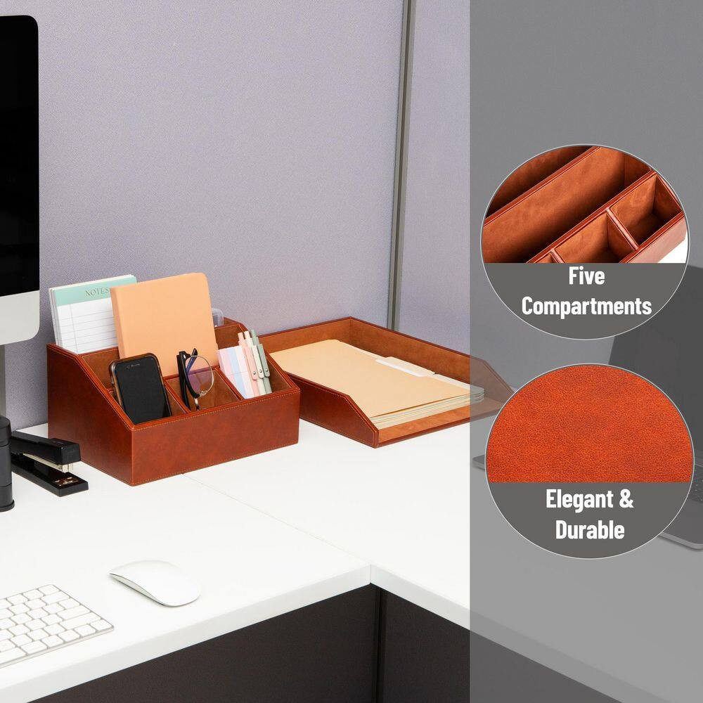 Brown 13.25 In. W X 5.25 In. H Polyurethane Leather Stackable Desk Organizer and