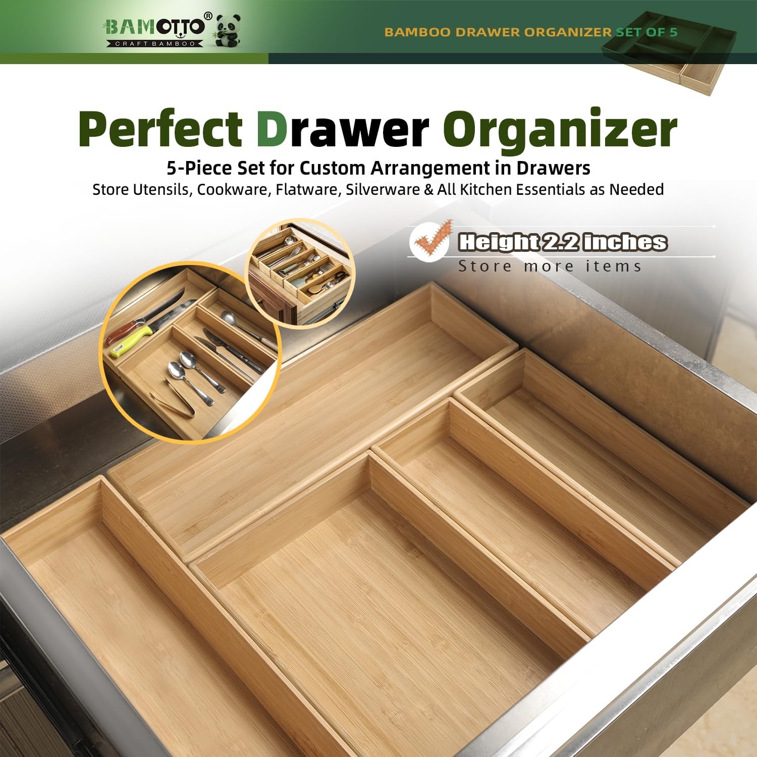 BAMOTTO CRAFTBAMBOO Stack 19.2″ L x 13.3″ W x 2.2″ H, Bamboo (5 Piece Set)