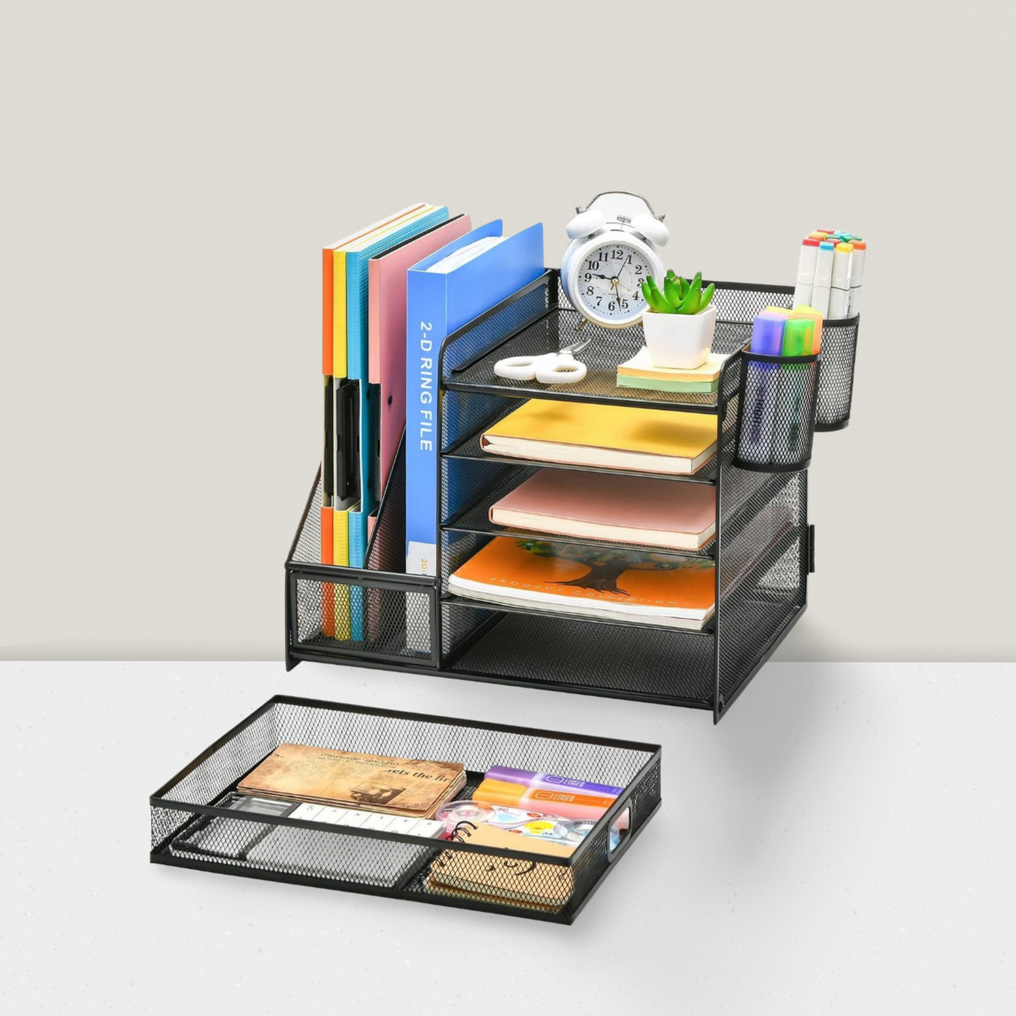 Desk Organizer with File Holder 5-Tier Tray Drawer Pen Holder for Office Black