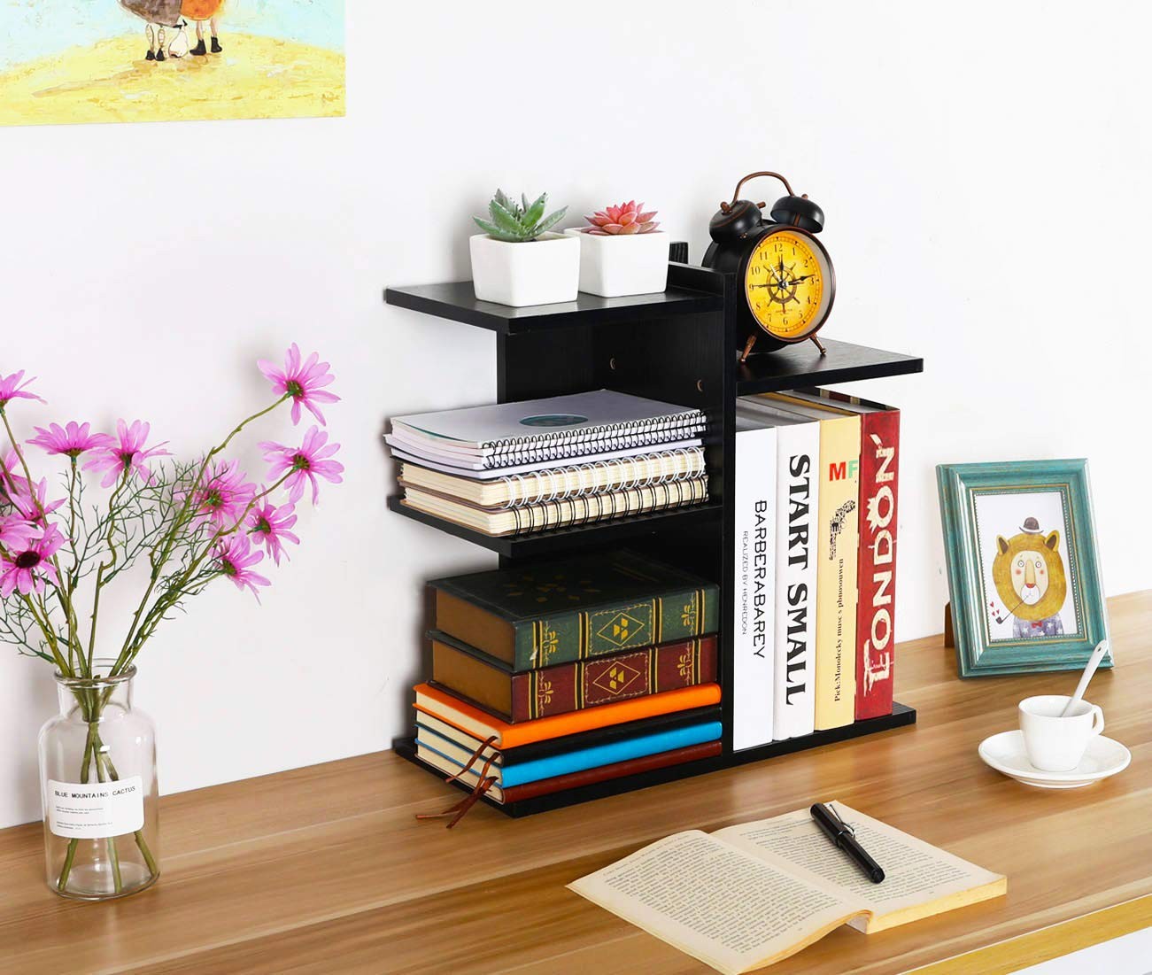 PAG Wood Desktop Shelf Small Bookshelf Desk Supplies Style 5, Black