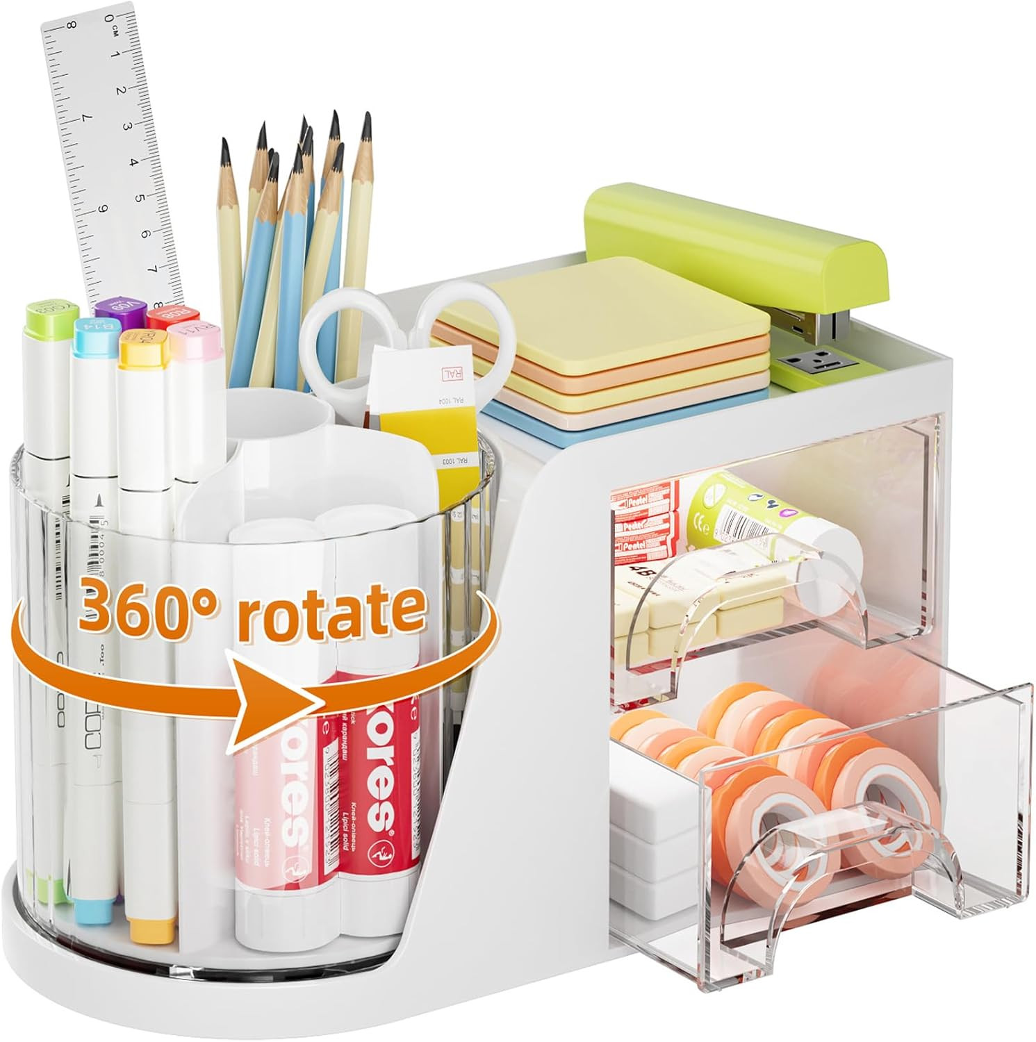 Desk Organizer with 2 Drawer, 360°Rotating Pen Holder, Desk Organizers and Acces