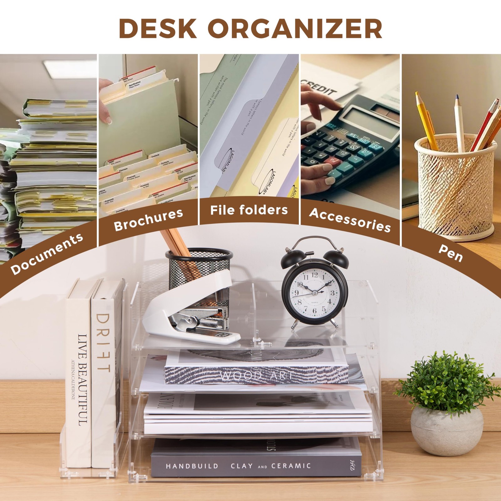 , Acrylic Desk Organizer – 4-Tier Tray with Vertical File Holder for Books, S…