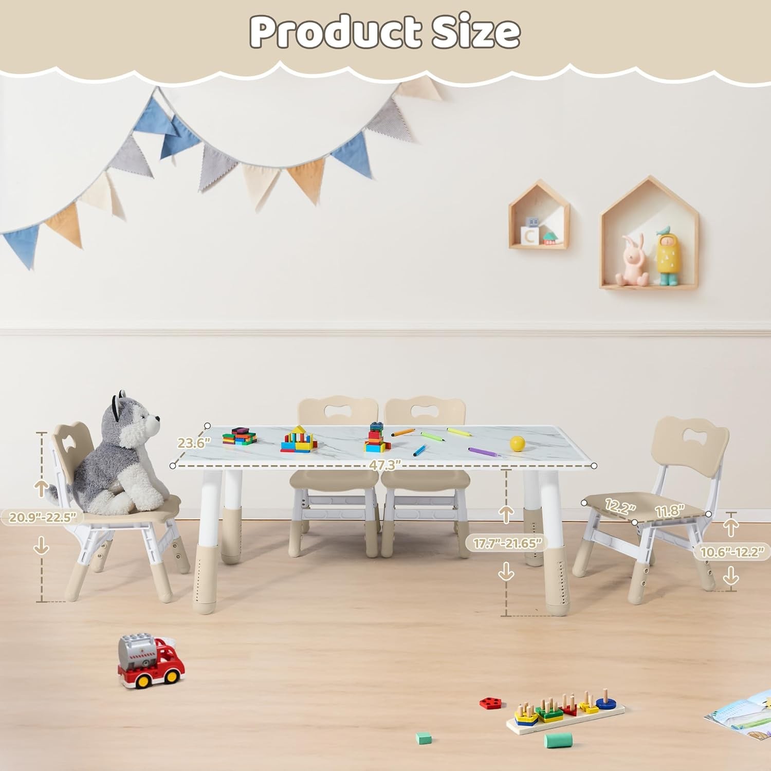 Toddler Table and 4 Chairs Set, Height Adjustable Kids Table and Chairs,