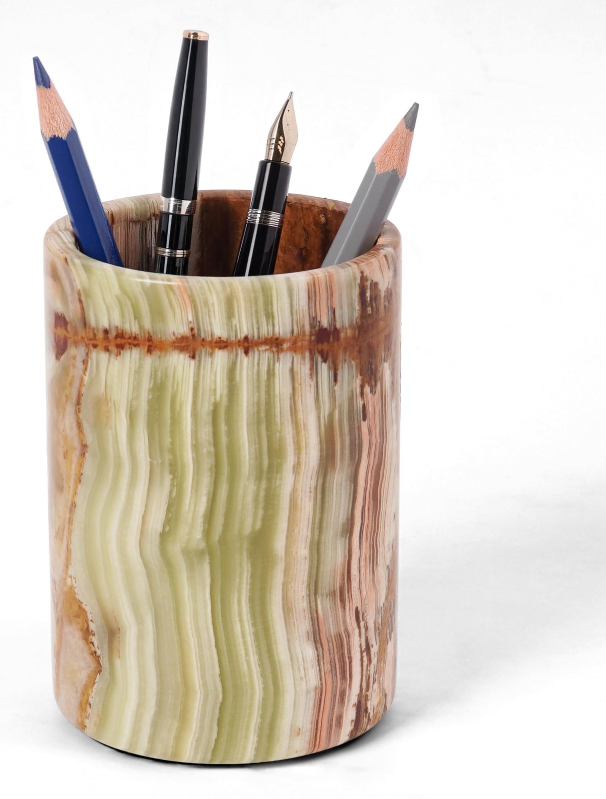 Marble Pen Holder For Desk 4″ Inches Green Onyx Handmade Makeup Brush Cup for…