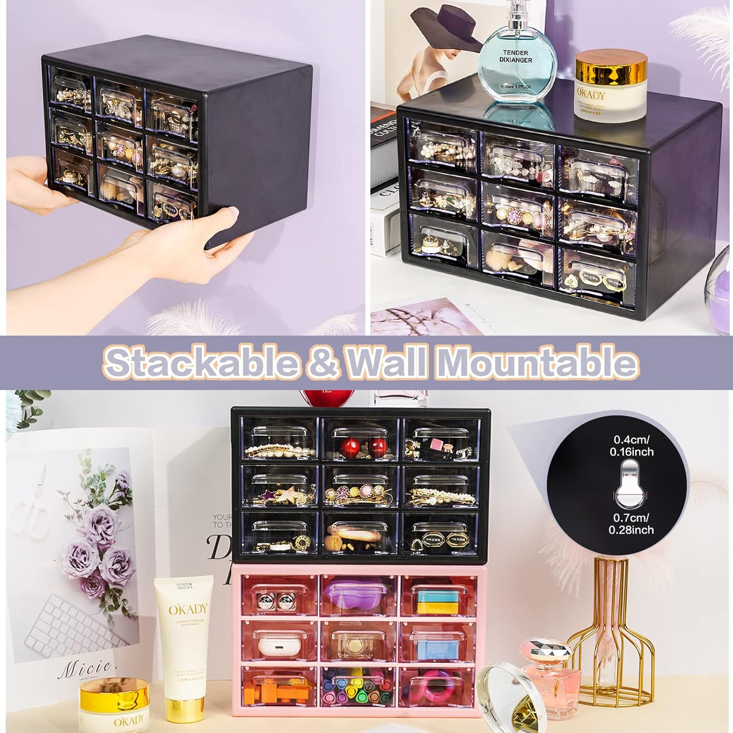 Desk Storage Organizer with 9 Drawers, FODIENS Stackable Desktop Craft Drawer Ca