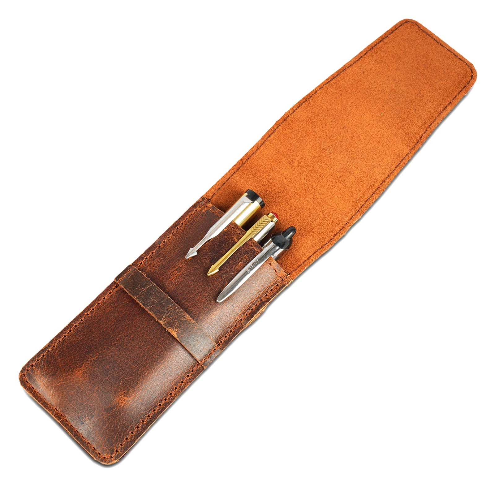 Leather Pen Holder, Genuine 3 Pen Case with Tuck-in Flap, Brown Leather Case …