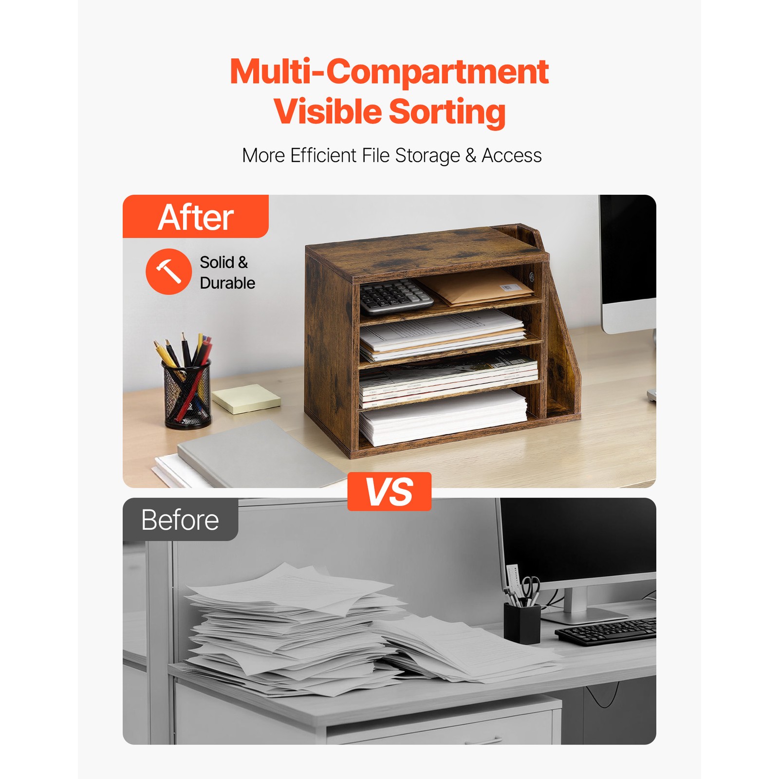 Uimoso 4-Compartment Office Mail Organizer with Detachable Shelves, Brown