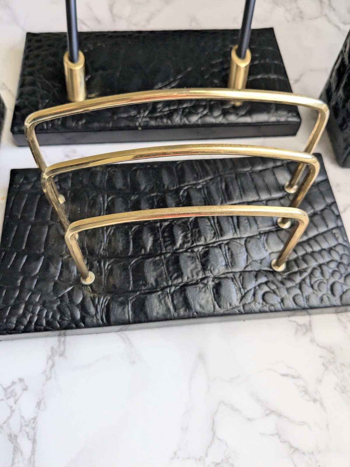 Majorca Black Croc Embossed Leather Desk Set Gold Letter Holder Pen Pencil…