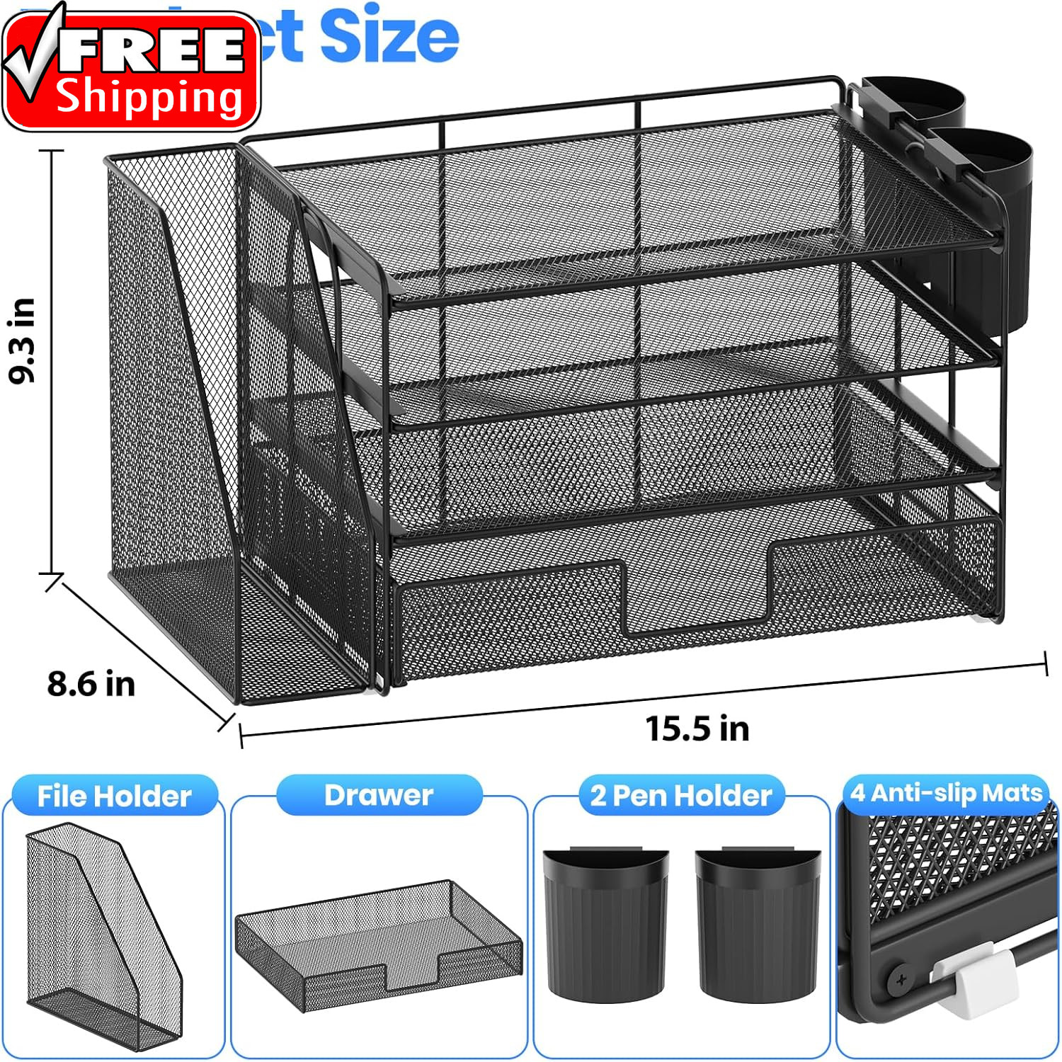 Desk Organizer, 4-Tier Desktop File Organizer with Drawer and 2 Pen Holders, Off