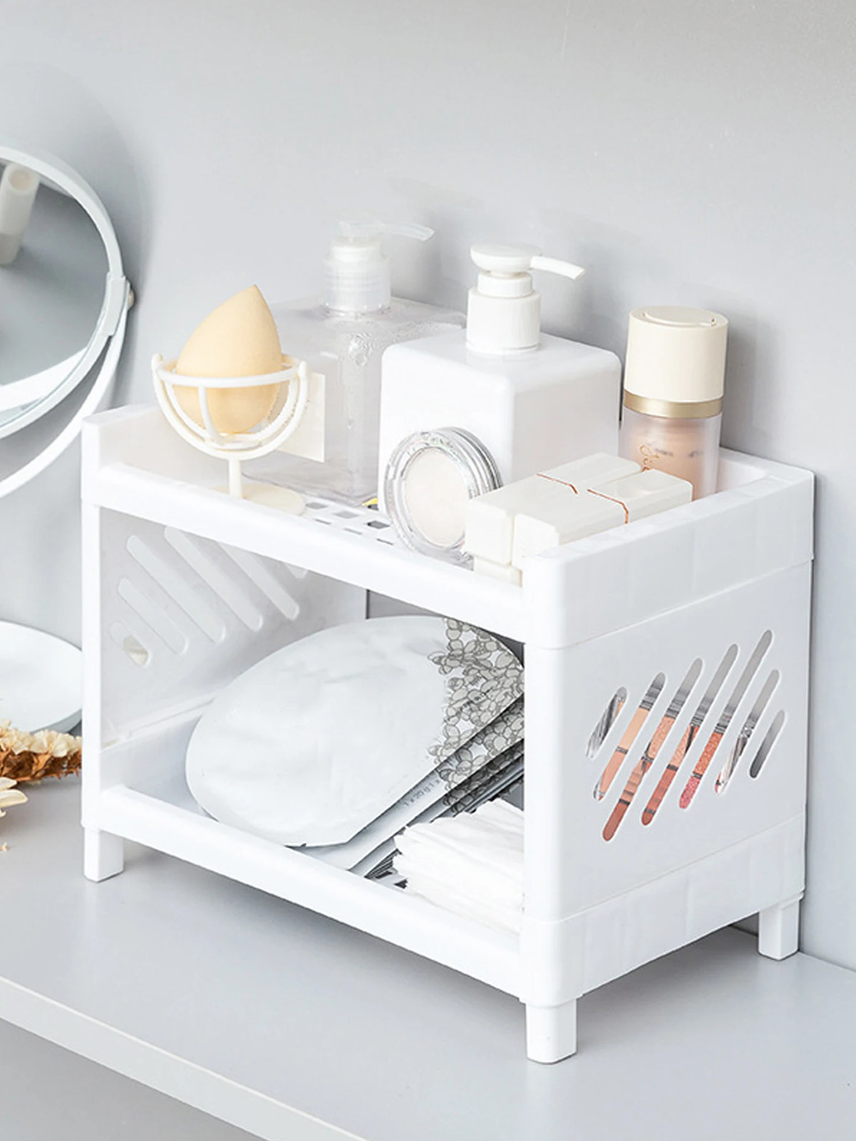 Rectangular White Double Layer Desktop Storage Rack Office Cosmetics Stationery