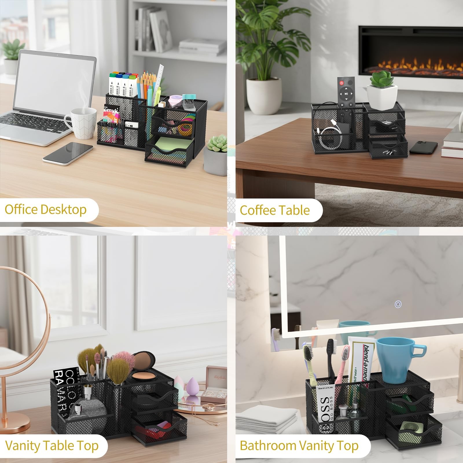 ReePlan Mesh Desk Organizer, Pen Organizer with 2 Drawers and 5 Black