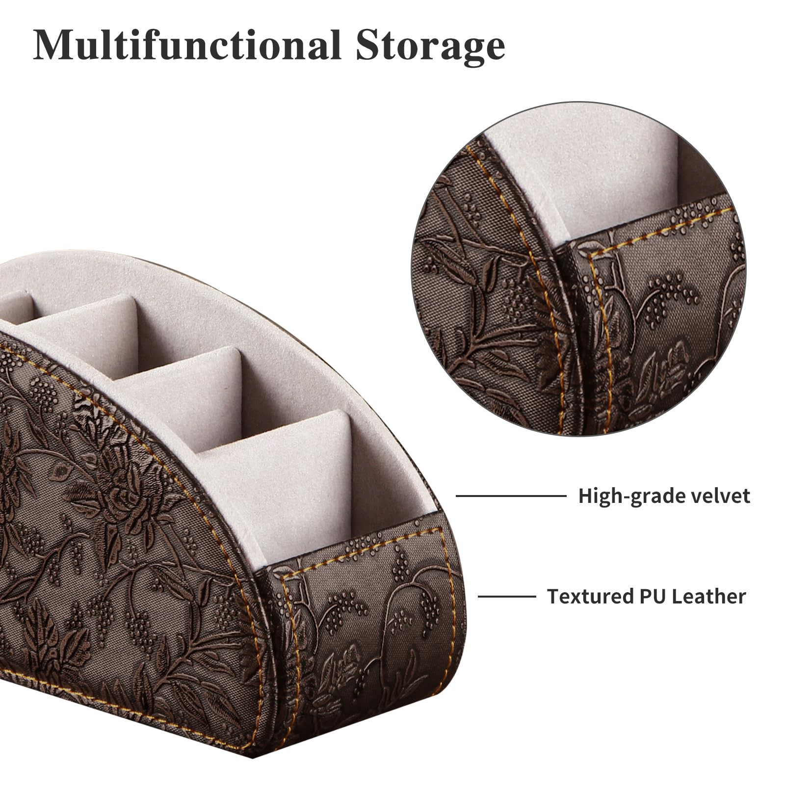 Brown Leather TV Remote Holder with 5 Compartments Desktop Caddy Organizer