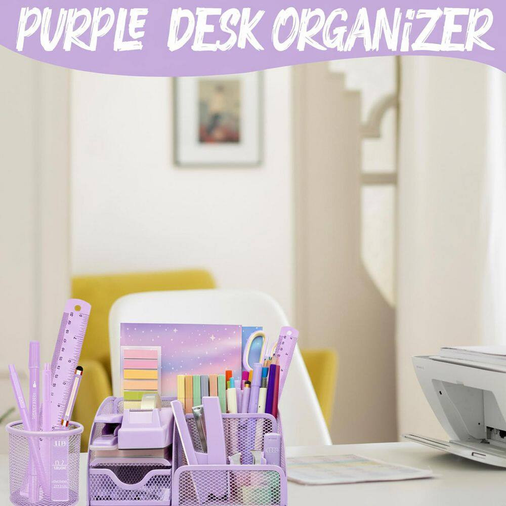 17-Pieces Purple Office Desk Accessories Set Mesh Organizer Stapler Tape Dispens