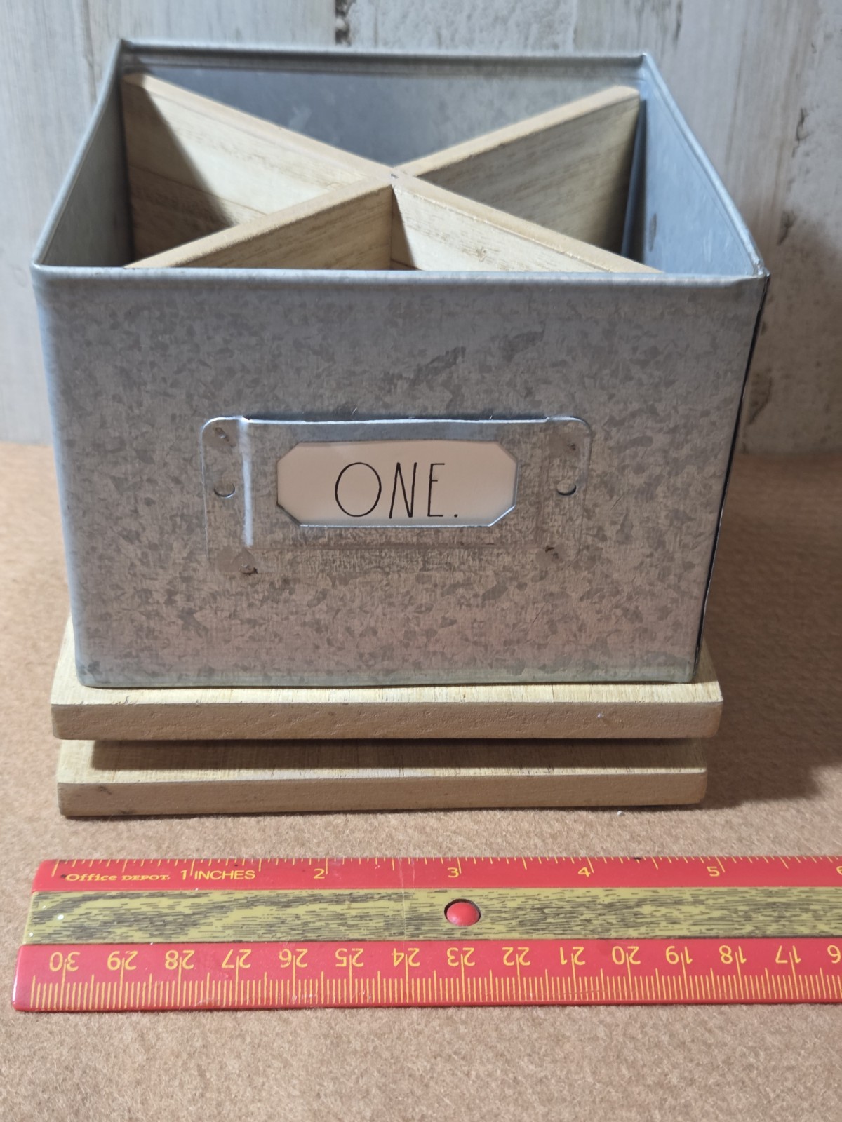 Rae Dunn Natural Wood & Galvanized Metal Turntable Desk Organizer Farmhouse