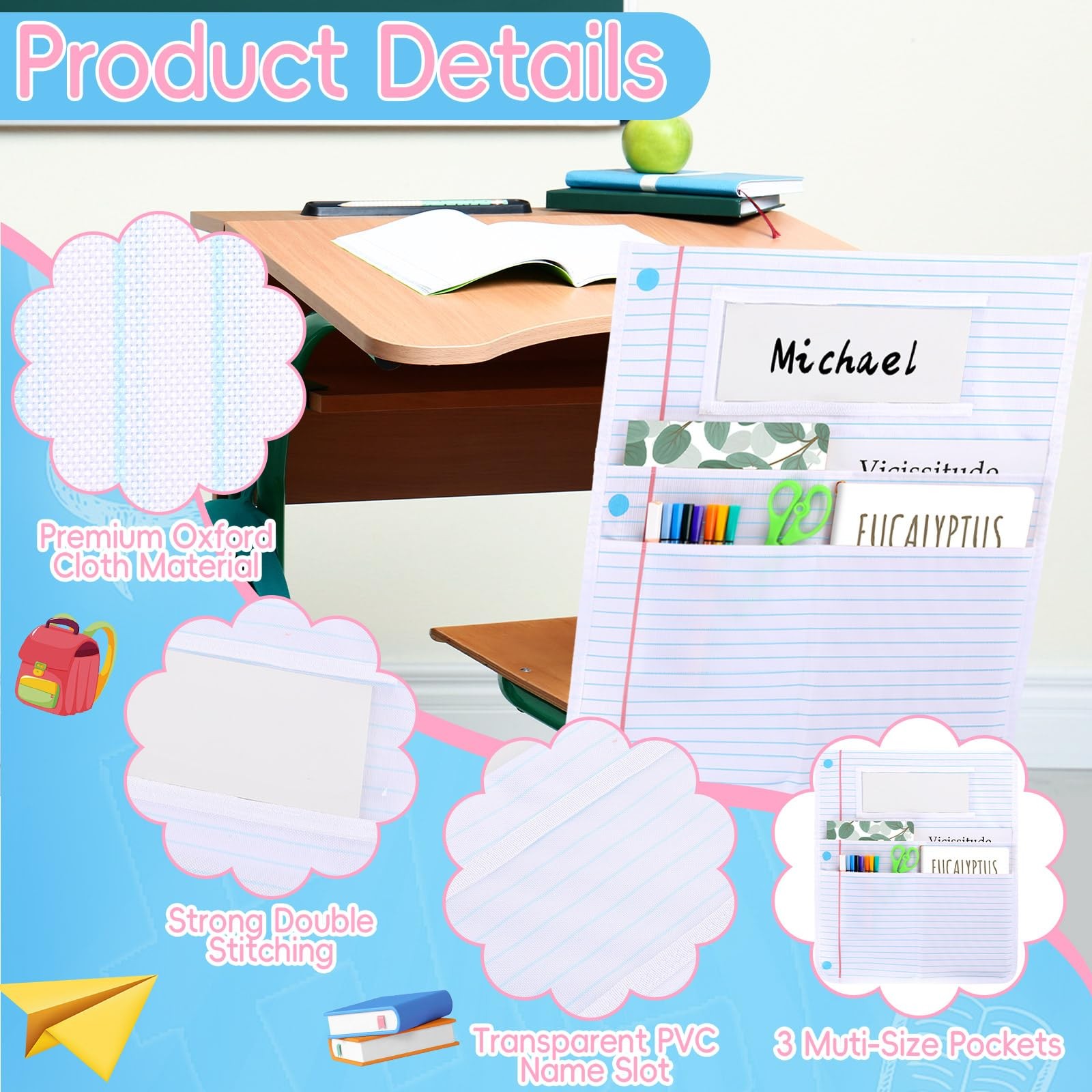 24Pcs Notebook Chair Pockets for Classroom Notebook Chair Back Buddy Pocket w…