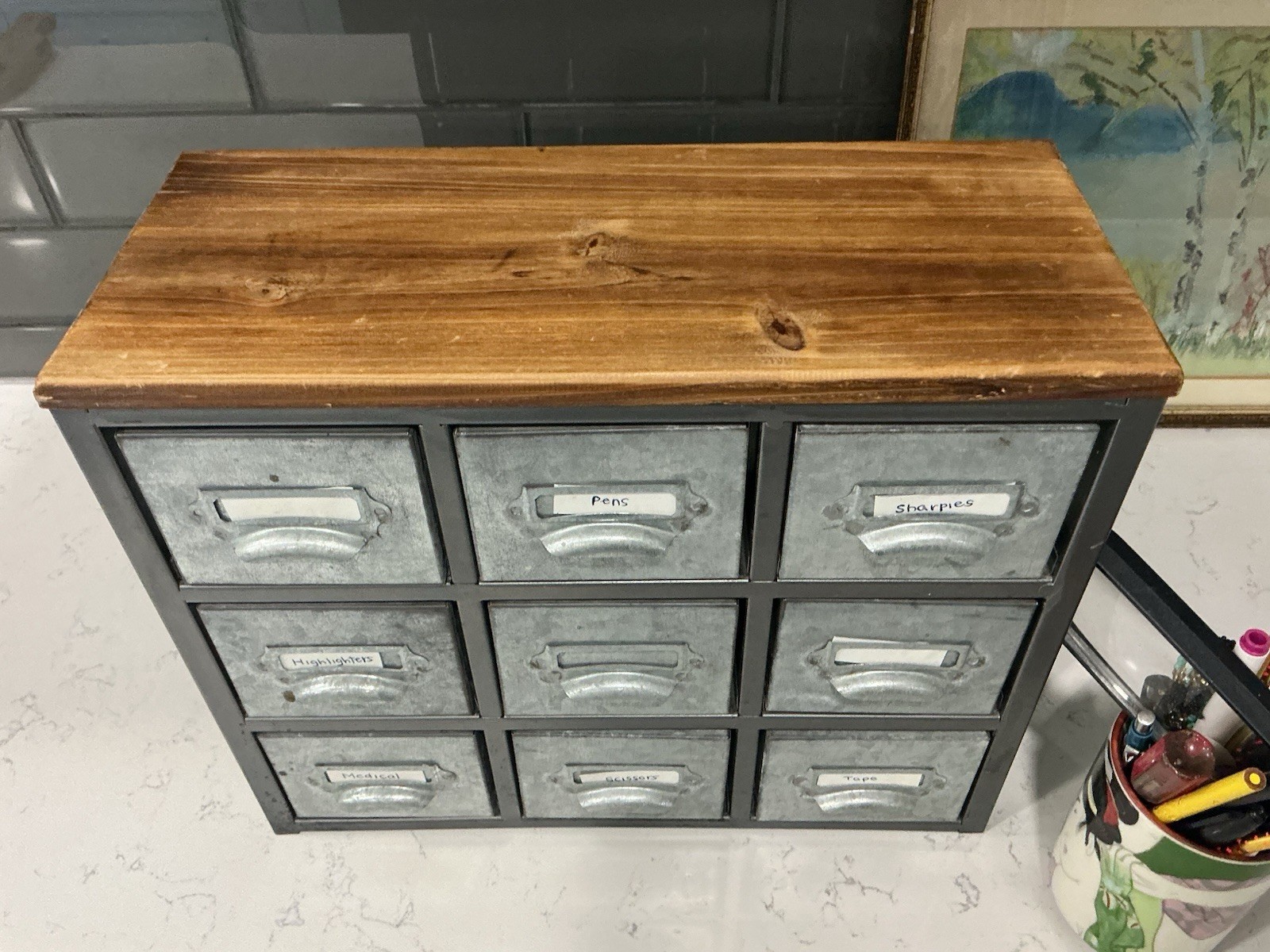 Cheung’s Desktop Galvanized 9 Drawer Vertical Organizer w/ Label Scoop Wood Top