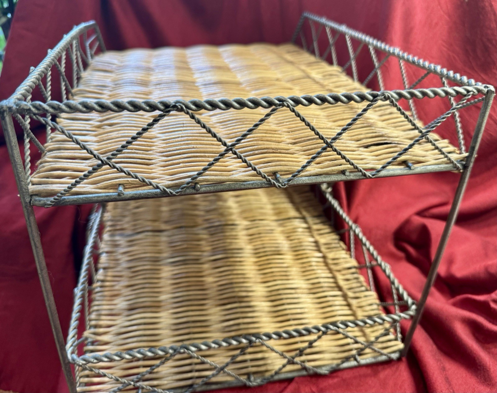 Vintage Double Tier Boho Woven Wicker And Metal Letter Tray / Desk Organizer