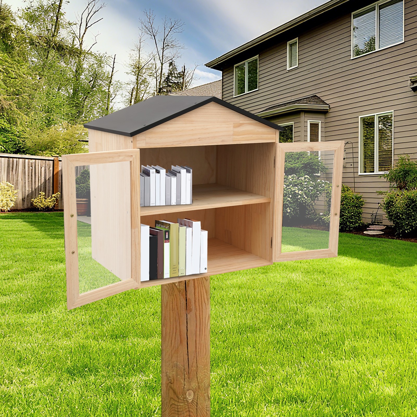 Outdoor Library Book Box Storage Wood Color Wooden Cabinet Little Literature Box