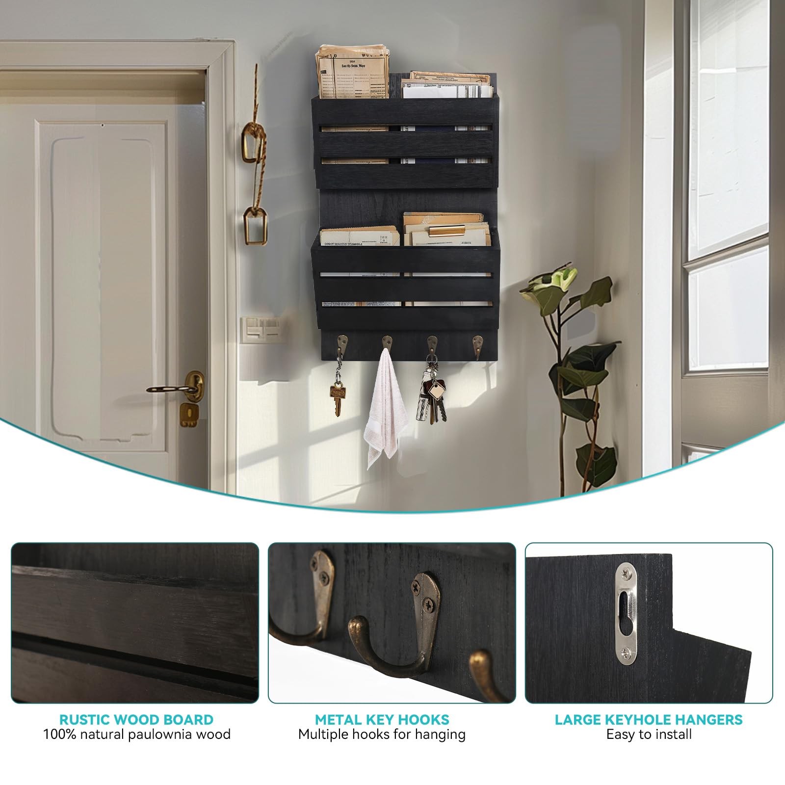 Mail Organizer Wall Mount with 4 Key Hooks, Rustic Wooden Hanging Mail Sorter…