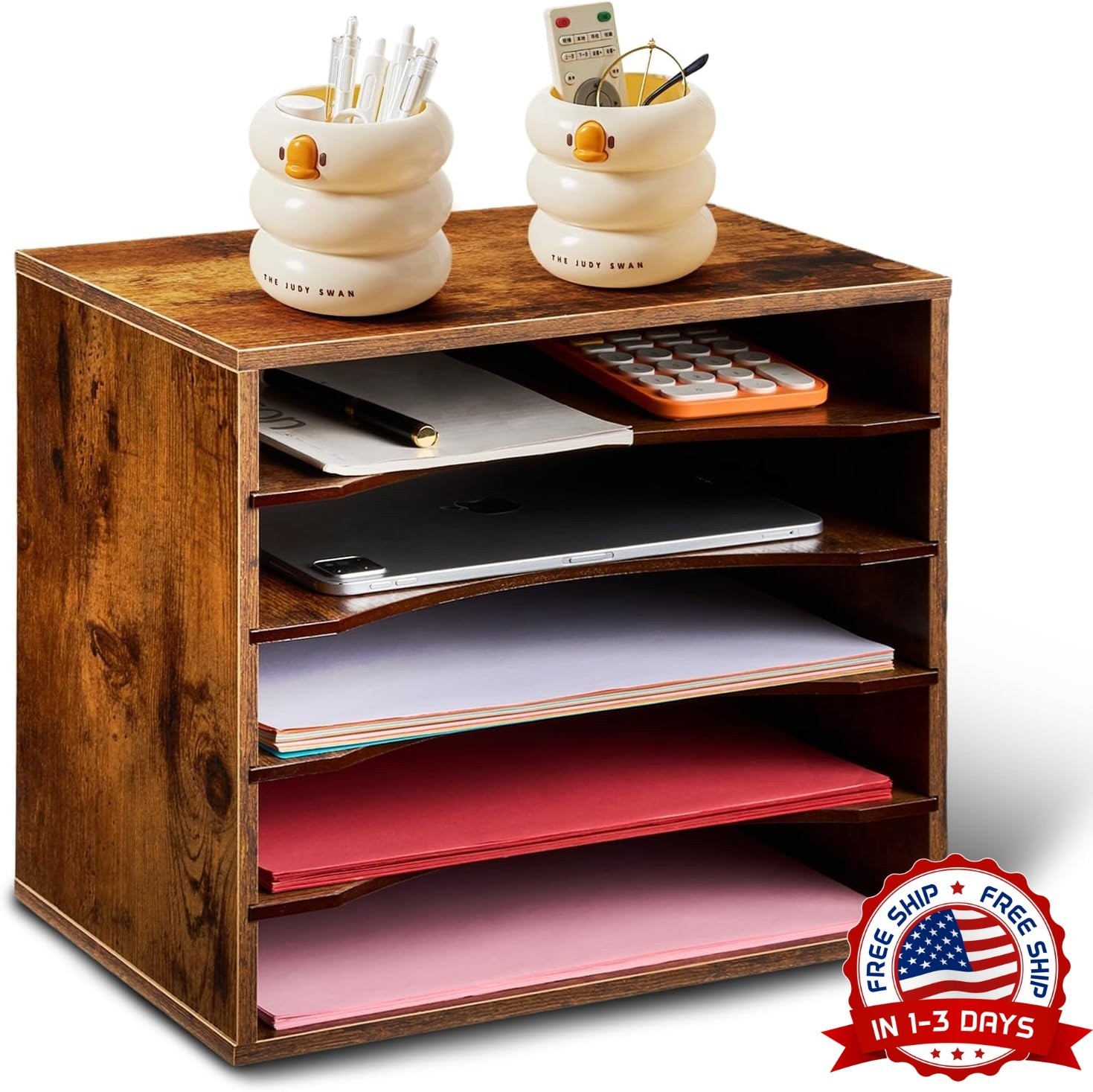 Organizador de papel de madera para escritorio con estantes ajustables NUEVO US