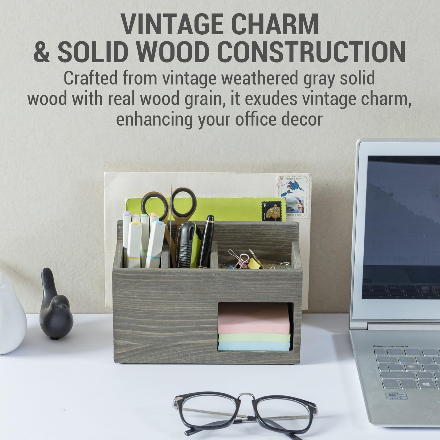 MyGift Vintage Weathered Gray Solid Wood Desktop Medium,