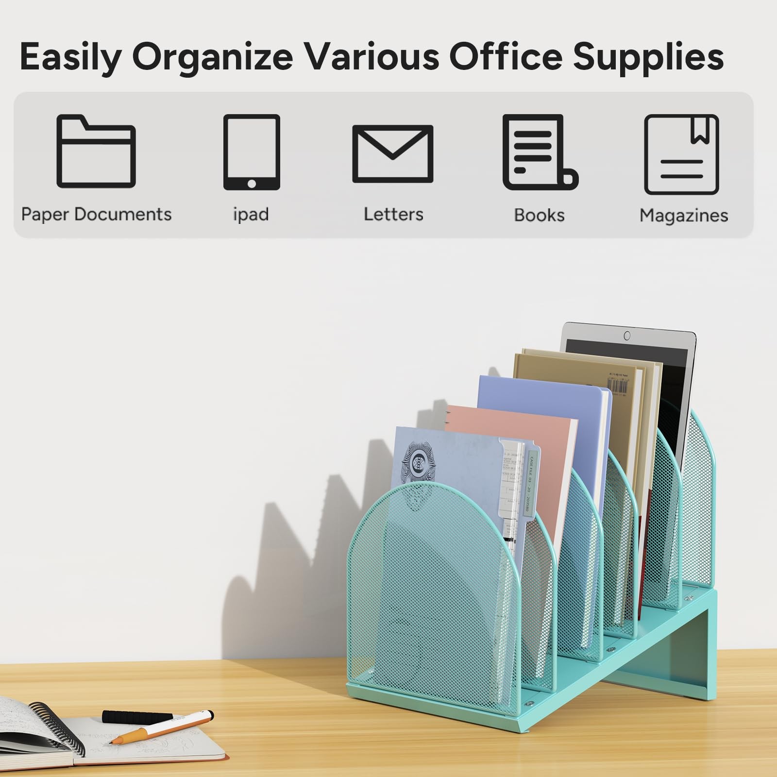 Blue 5Section Desk File Organizer Metal Mesh Folder Document Mail Storage