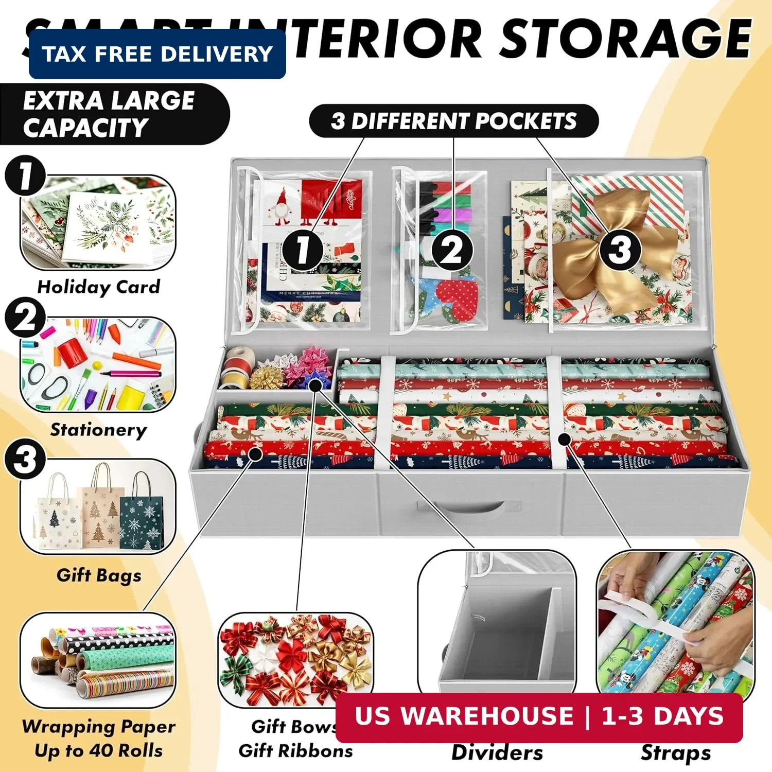 Simple Houseware 41.5″ Wrapping Paper Storage Organizer – Fits 40 Rolls with Adj