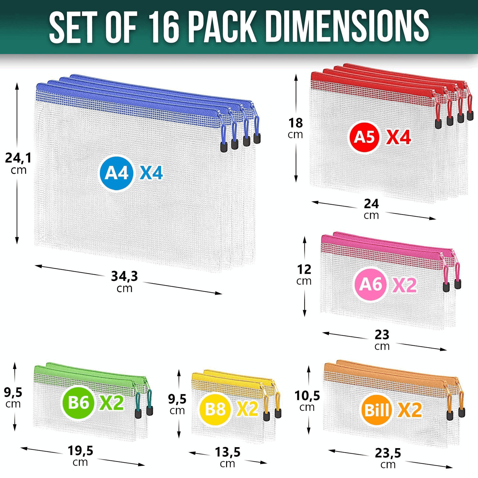16 Pack Assorted Sizes Plastic Mesh Zipper Pouches for Storage Organize Board