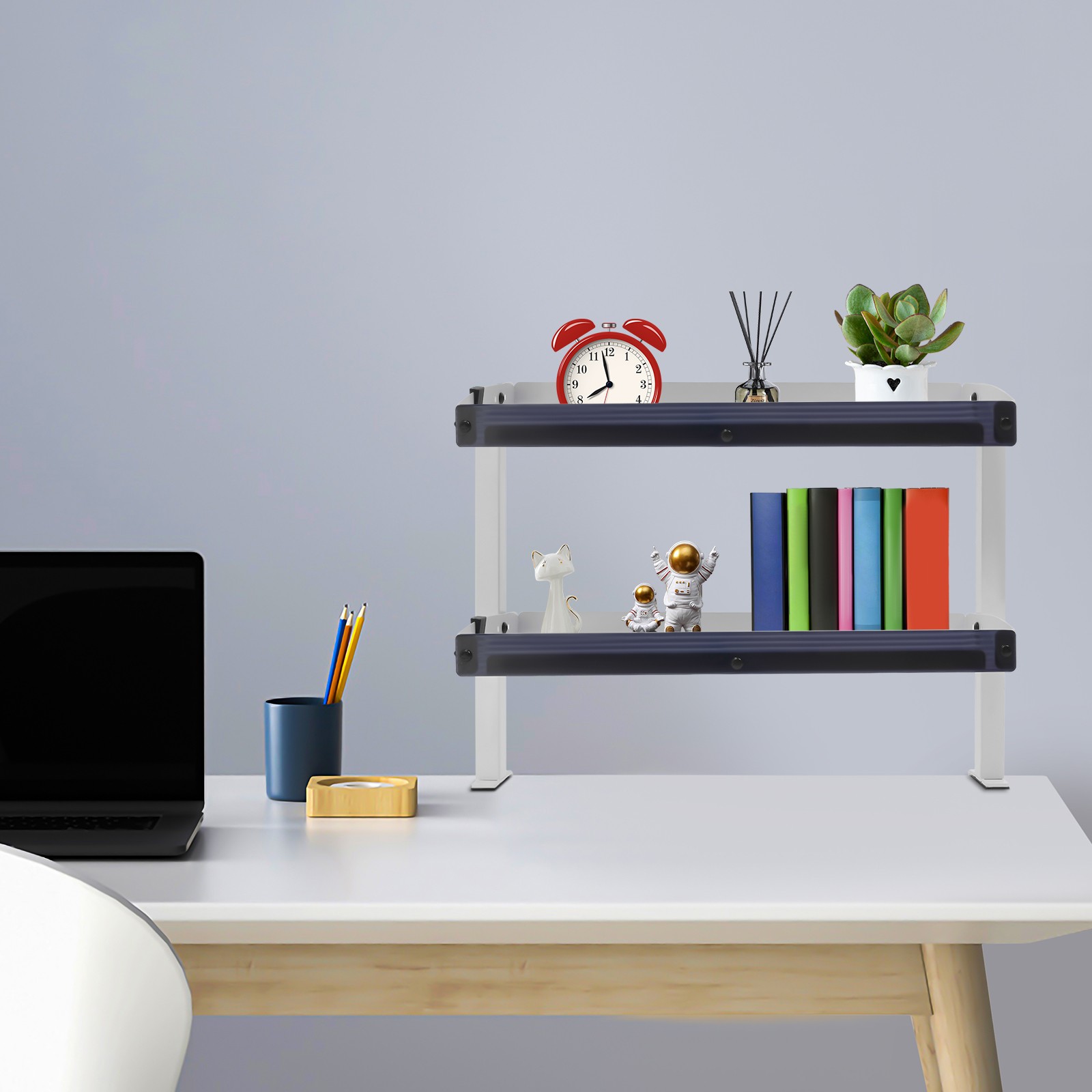 2-Tier Shelving with Adjustable Storage,White Storage Tray,for Living Rooms