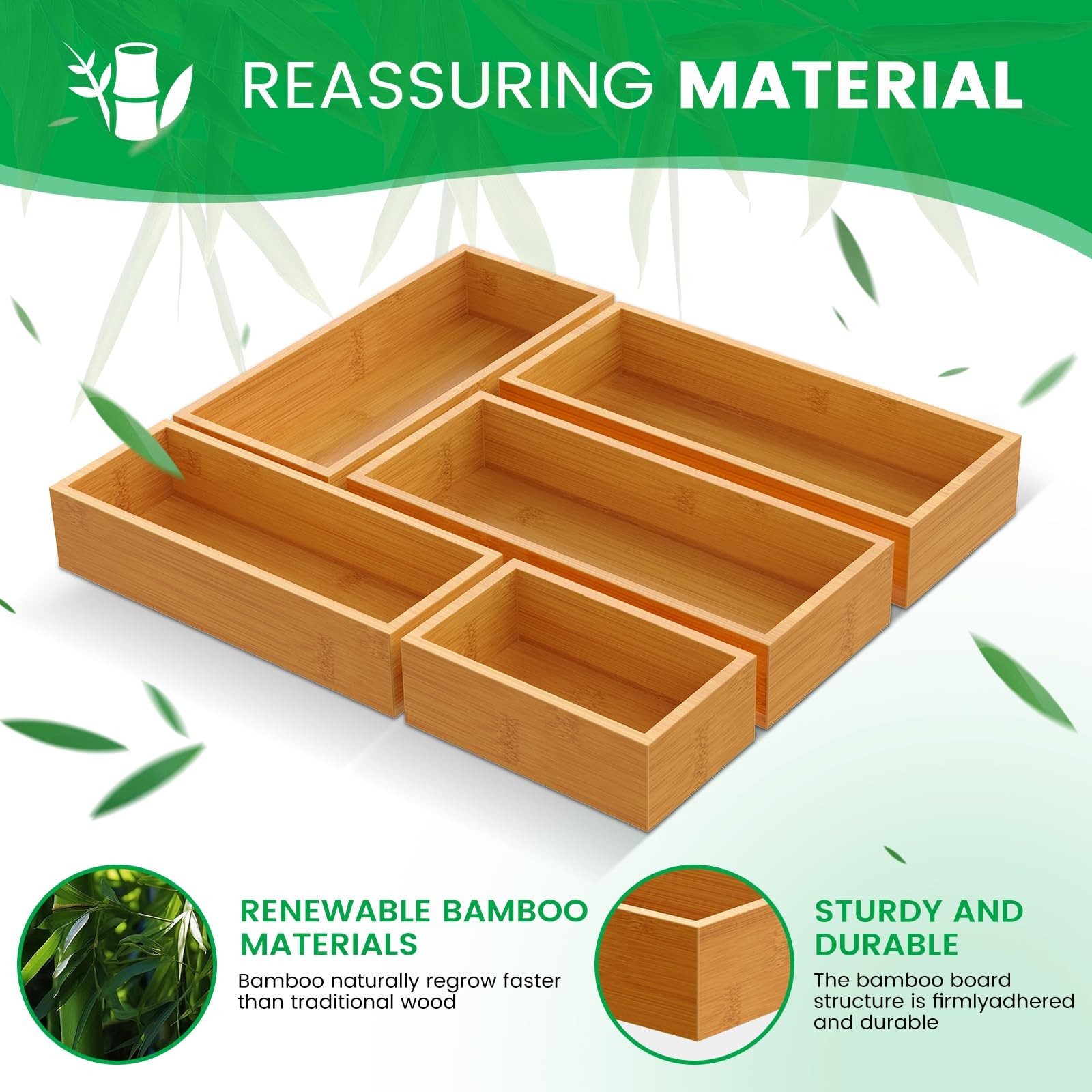 5Piece Bamboo Drawer Organizer Set Storage Trays Kitchen Bathroom Utensils