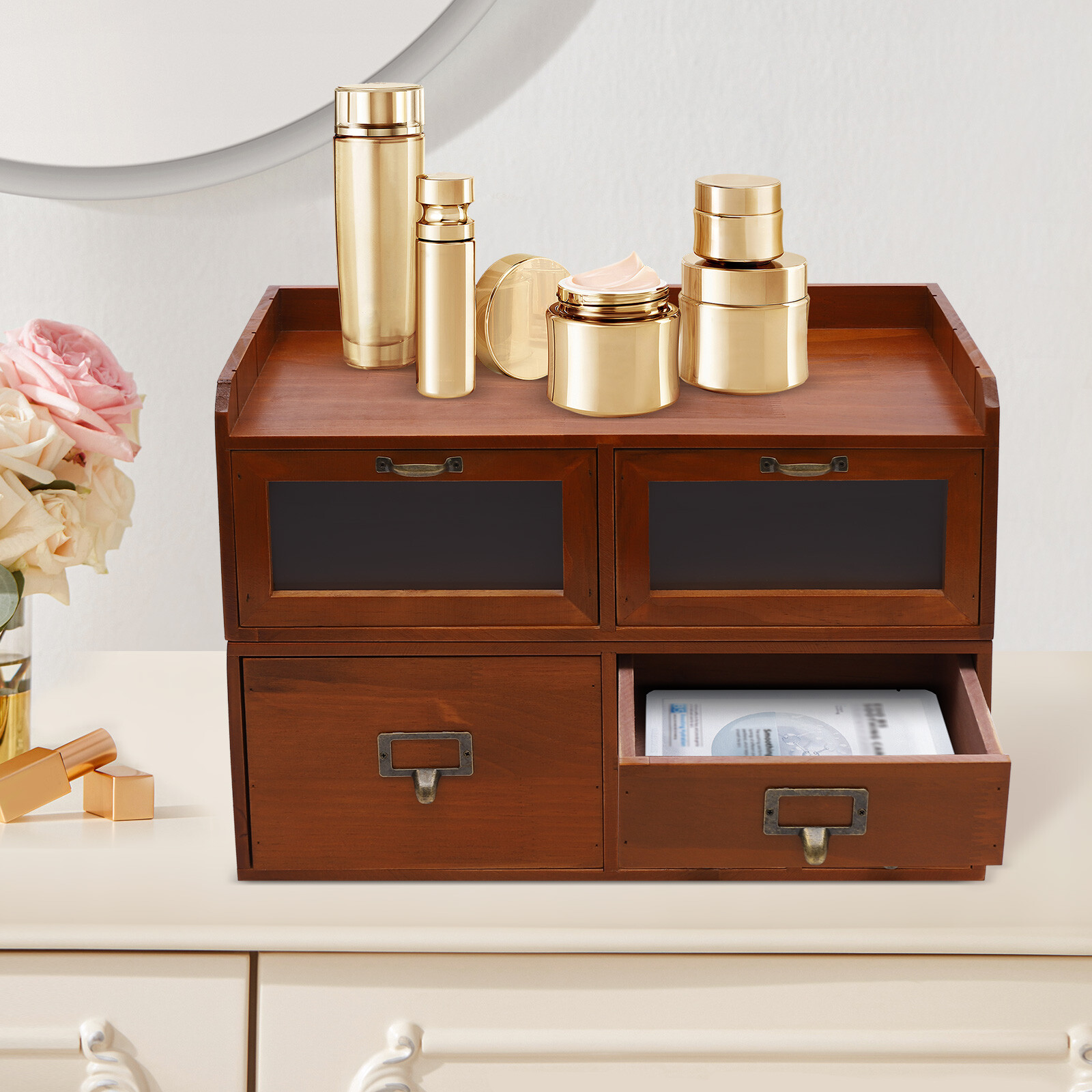 Retro Brown 6-Drawer Desktop Organizer Pine Wood Clear Acrylic Door