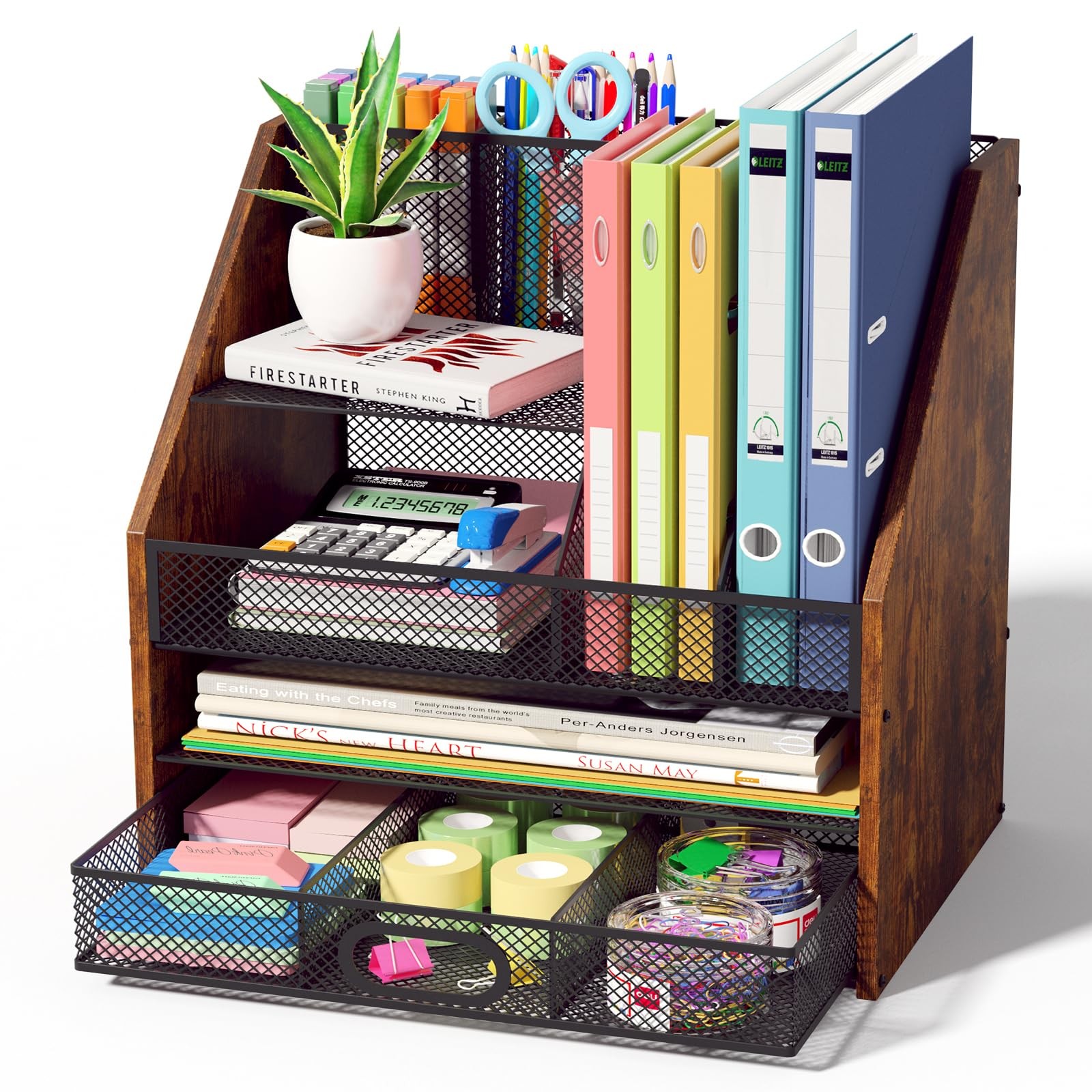 Homsorout Wooden Desk Organizer – Mesh File with Black and Brown