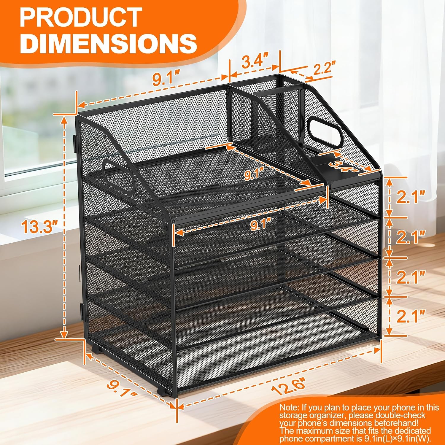 5 Tier Metal Mesh Letter Tray Space Saving Desk File Organizer W/ Handle Pen