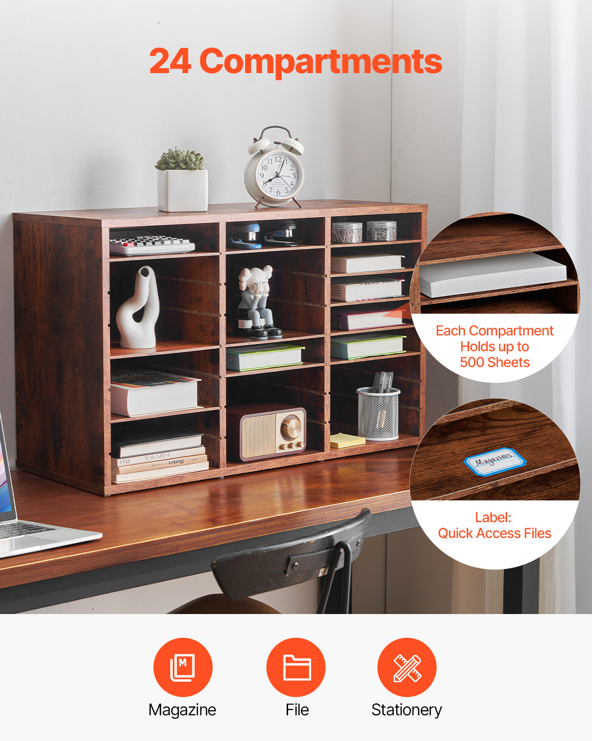VEVOR Wooden Literature Organizer 24 Compartments Removable Shelves Dark Brown