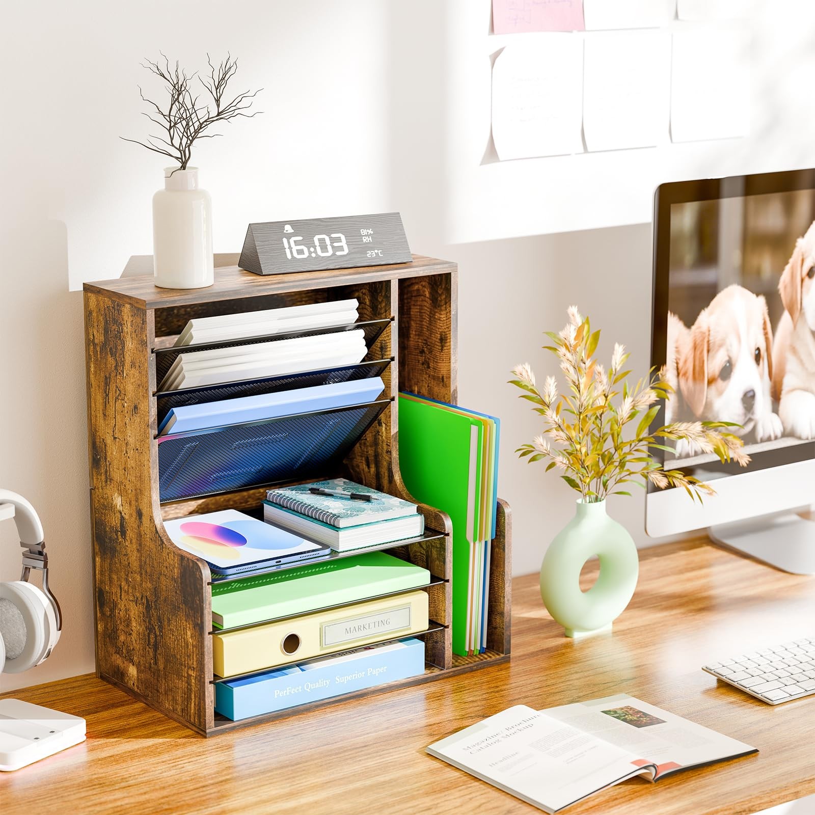 Simple Trending 7 Tier Desk File Organizer, Wooden 16″ x 9″ x 17″, Brown