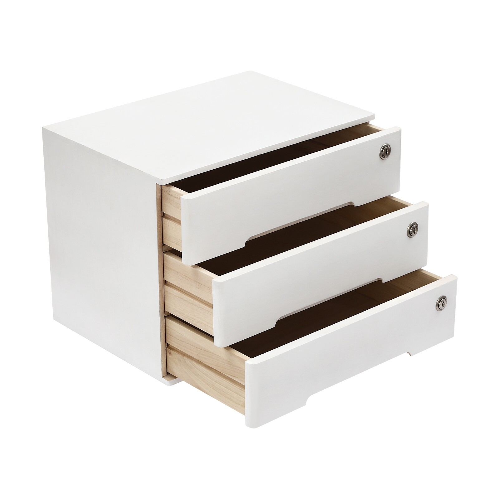 White Wooden Desktop Storage Box With Lockable Drawers Office Flat File Cabinet